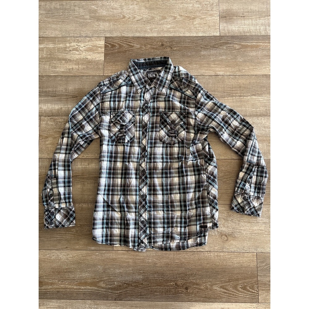 Buckle Black Shirt Men Large Slim Fit Black Teal Plaid Snap Button Western Rodeo